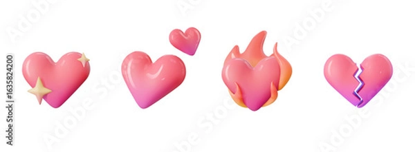 Fototapeta 3d emoji sparkling love, two hearts, heart on fire and broken heart icon illustration