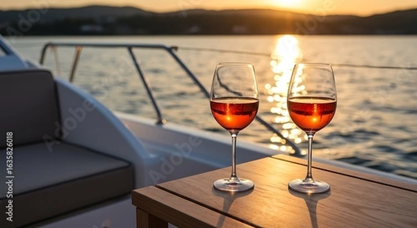 Fototapeta Two glasses of rose wine on a boat at sunset