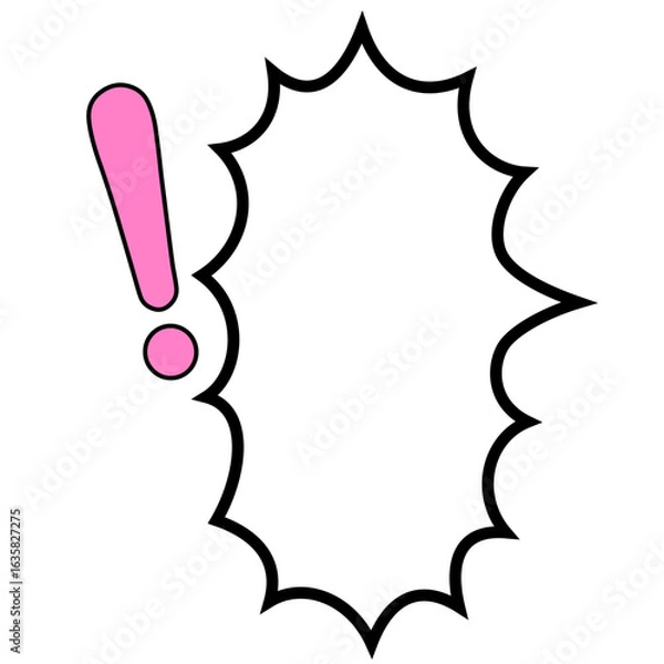 Fototapeta ピンク色でベタ塗りのビックマーク付きの右口で爆発型で縦長の吹き出し