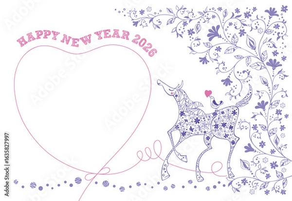 Obraz 小花を纏い鳥を背にした馬とハートの2026年の年賀状～パープルとピンク～png