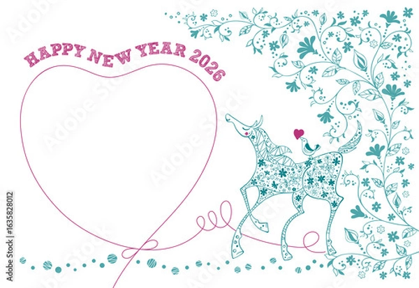 Obraz 小花を纏い鳥を背にした馬とハートの2026年の年賀状～グリーンとピンク～png