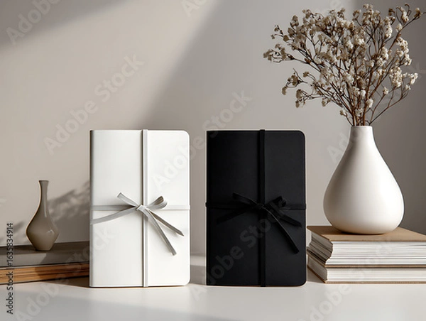 Fototapeta Two elegant notebooks with ribbon on a table