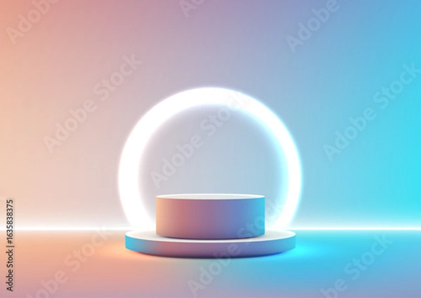 Fototapeta futuristic neon technology podium display with glowing ring and vibrant gradient background for product mockup showroom presentation in modern minimal style