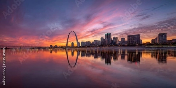 Obraz The St. Louis skyline with the iconic Gateway Arch and city buildings at sunset over the river in St. Louis, United States