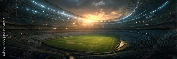Fototapeta Spectacular sunset over empty soccer stadium during golden hour before the match