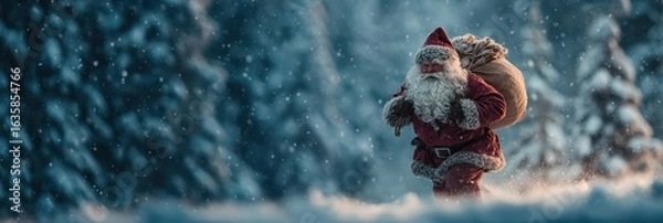 Fototapeta Santa Claus walking through a snowy forest carrying a large sack of gifts on a winter evening