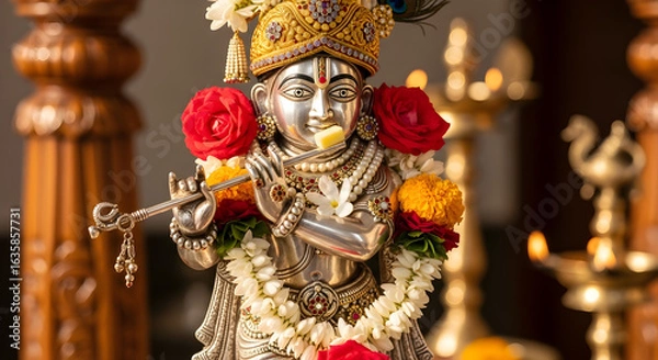 Obraz Silver Bal Krishna Idol Playing Flute: Divine Harmony
