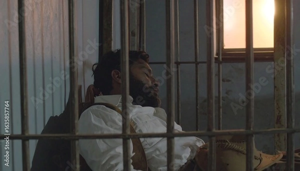 Obraz A man sleeps inside a jail cell