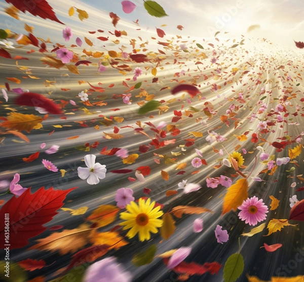 Fototapeta Vibrant autumn leaves and delicate blossoms swirl dynamically in a golden sunbeam vortex, evoking a sense of natural energy and seasonal change with stunning visual impact.