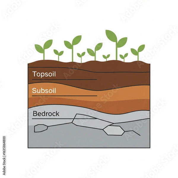 Fototapeta Illustrating fertile topsoil, subsoil, and bedrock layers supporting vibrant plant growth, a fundamental concept in agriculture and environmental science education.
