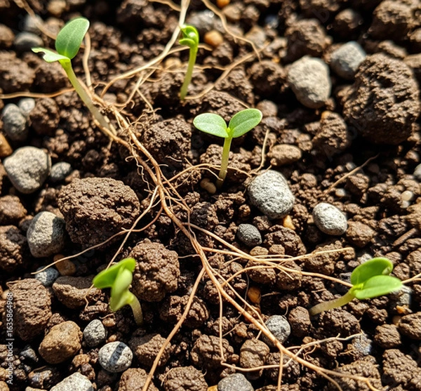 Fototapeta Tiny green seedlings emerge from rich soil, showcasing delicate roots and the promise of new life, symbolizing growth and new beginnings.