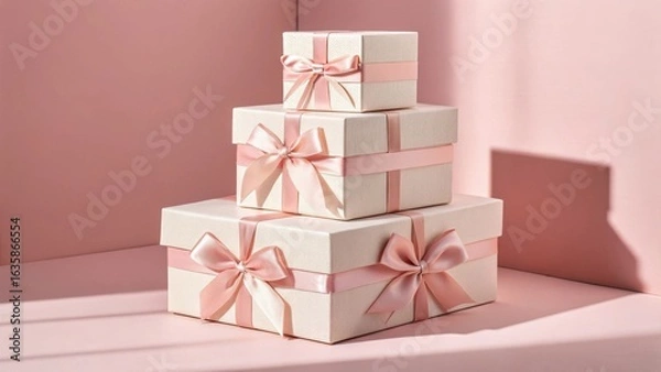 Fototapeta Stack of three gift boxes with pink ribbons on a pink background