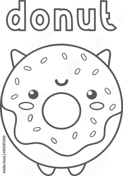 Fototapeta Kawaii cute donut coloring page for kids, black and white vector illustration of smiling dessert with frosting and sprinkles, cartoon-style line art, fun printable worksheet for children’s coloring ac
