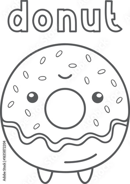 Fototapeta Kawaii cute donut coloring page for kids, black and white vector illustration of smiling dessert with frosting and sprinkles, cartoon-style line art, fun printable worksheet for children’s coloring ac