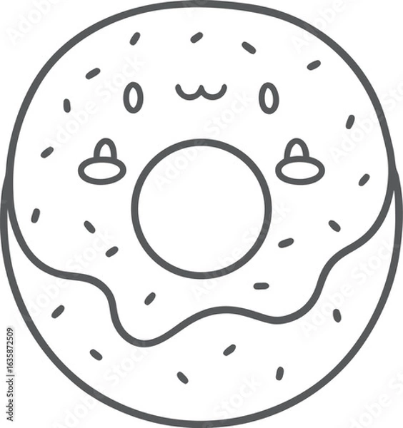 Fototapeta Kawaii cute donut coloring page for kids, black and white vector illustration of smiling dessert with frosting and sprinkles, cartoon-style line art, fun printable worksheet for children’s coloring ac