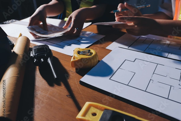 Fototapeta Closeup of team of industrial engineers meeting analyze machinery blueprints consult project on table in manufacturing factory. Working in manufacturing plant or production plant.