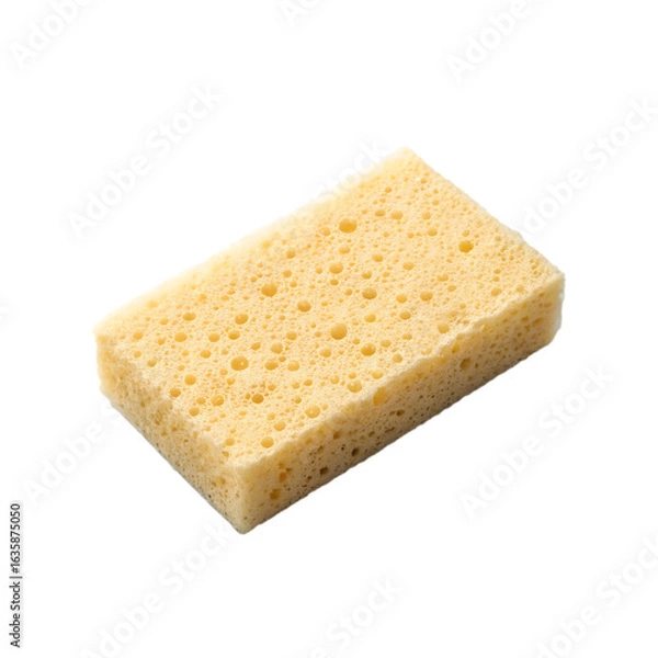 Fototapeta A close up of a rectangular yellow sponge with many small holes on a black background in studio light