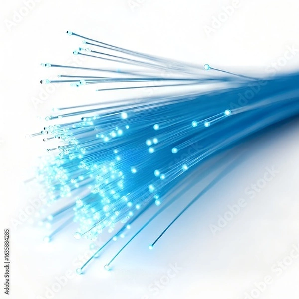 Fototapeta Closeup of glowing blue fiber optic strands transmitting light, representing highspeed data transfer and modern digital communication technology