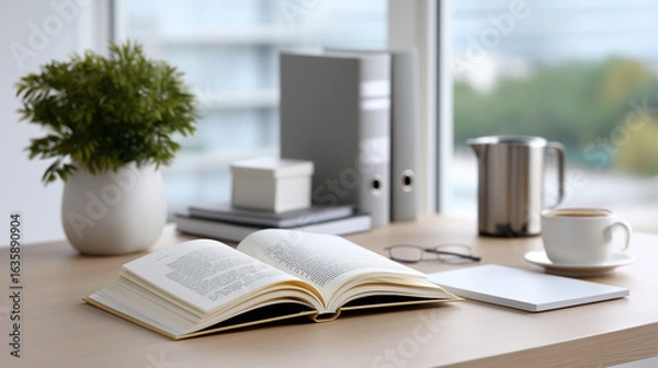 Fototapeta Open Book on Desk: Essential Learning Materials for Students