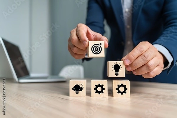 Obraz Elevating Business Strategy Wooden Blocks Depicting Goal Setting Innovation and Operational Excellence