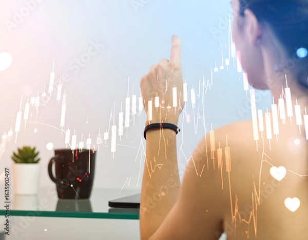 Fototapeta Woman Analyzing Stock Market Data with Candlestick Chart Overlay at Home