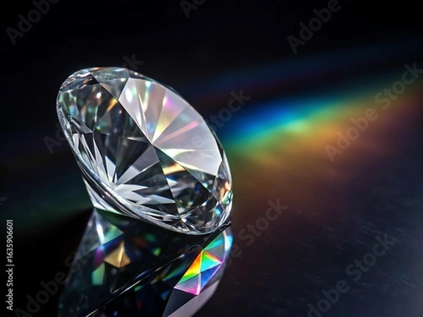 Fototapeta Brilliant diamond reflecting rainbow colors on dark background