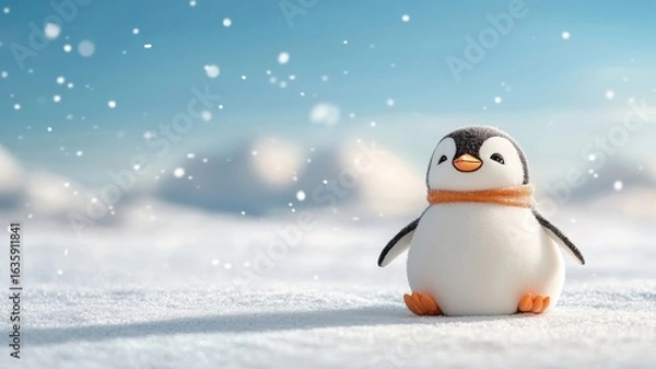 Fototapeta Charming penguin sliding across a snowy landscape, with snowflakes falling on its feathers and the wintery setting adding to the playful atmosphere.