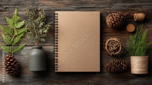 Obraz Natural notebook on rustic wood, surrounded by botanical elements