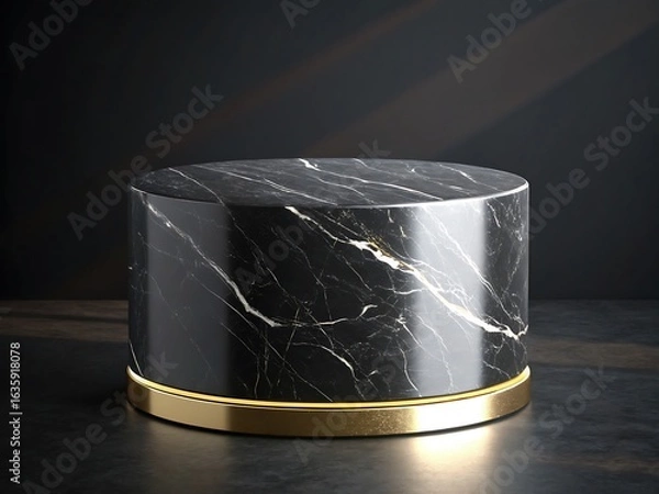 Fototapeta Elegant black marble pedestal with gold base on dark background