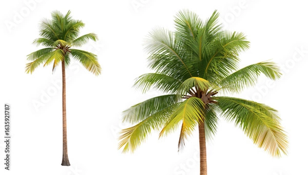 Fototapeta Tropical coconut trees with lush green fronds isolated on a black background for design versatility