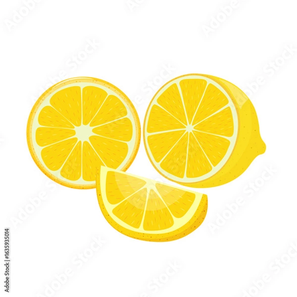 Fototapeta Set of half, round slice and wedge of yellow lemon on white background. Tropical fruit season.