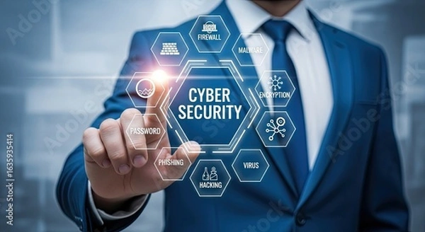 Fototapeta Cyber security and data protection concept with business man touching virtual screen, information technology and internet network for privacy