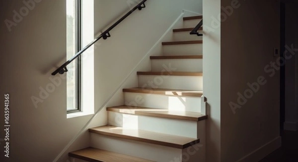 Fototapeta Staircase with wooden treads and white risers, lit by sunlight through a window