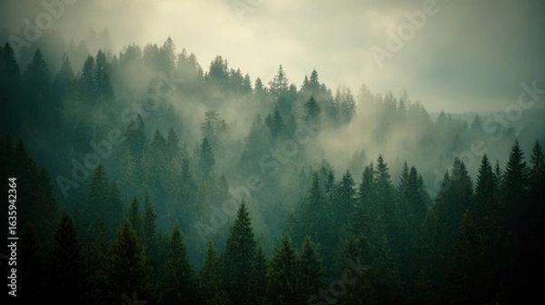Fototapeta A misty forest at dusk, tall pines shrouded in fog, evoking a sense of mystery and quiet solitude.