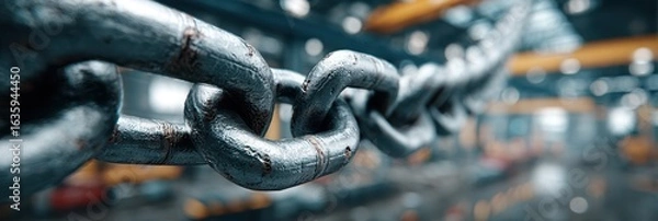 Obraz Chain link in focus with industrial background showcasing strength and durability in a warehouse setting