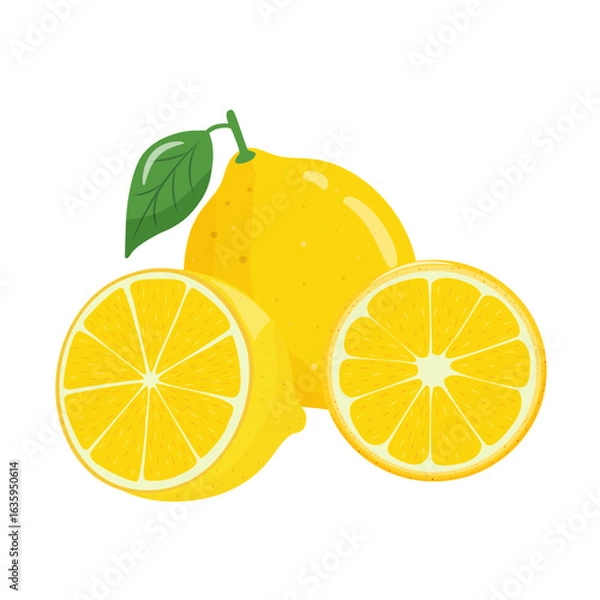 Fototapeta Colorful set of yellow lemons from whole, slice and piece of lemon on white background. Tropical fruits season. Hand drawn.