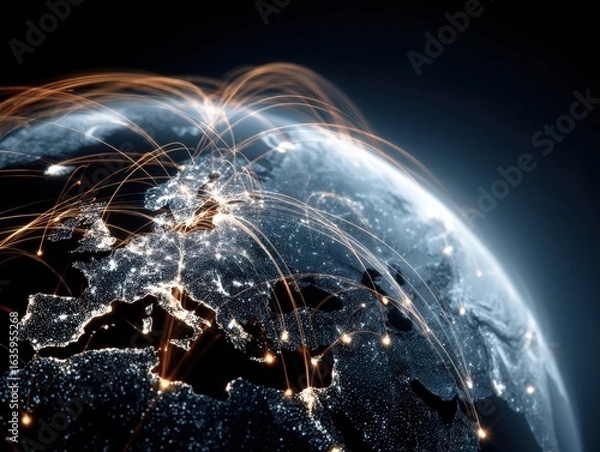 Fototapeta Global Network Connection: Digital Communication and Worldwide Connectivity Concept with Glowing Lines Over Europe at Night
