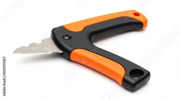 Fototapeta Sharp orange and black utility knife subtly angled against white background.. AI Generated