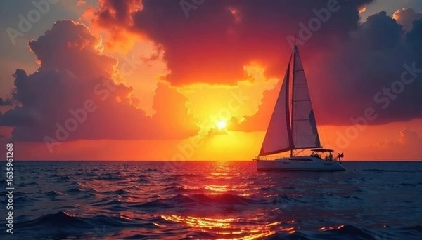 Fototapeta Dramatic sunset over a tranquil ocean with a sailboat silhouetted against the fiery sky Perfect for travel, nautical, and adventure themes , orange, yacht