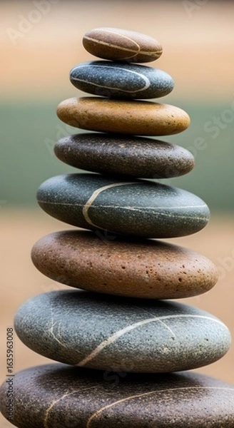 Fototapeta Stacked stones in a balanced tower representing zen, peace, and spiritual harmony