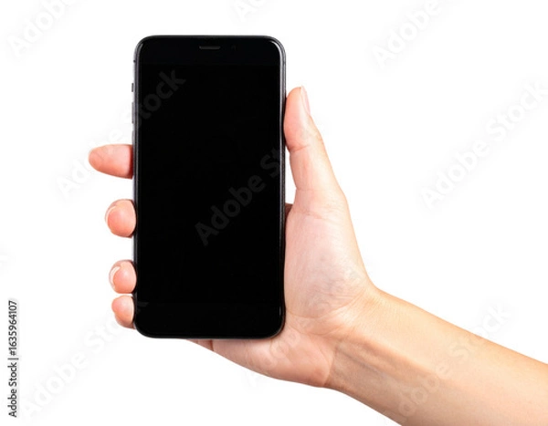 Fototapeta Front View of Hand Holding Modern Smartphone with Blank Screen, Isolated on Transparent Background PNG