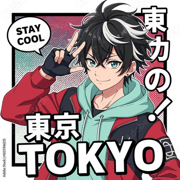 Obraz Youthful Character in Casual Attire with Playful Gesture Against Colorful Tokyo Background