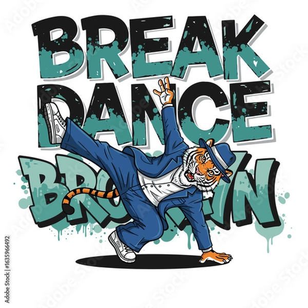 Obraz Cartoon Tiger Breakdancing in Blue Suit with Urban Graffiti Background in Colorful Style