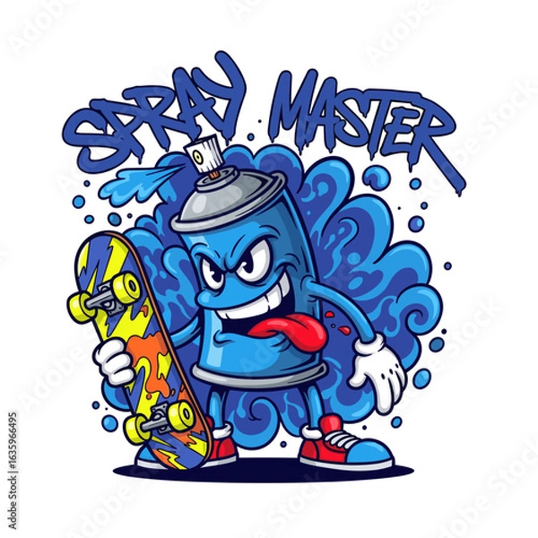 Obraz Playful Cartoon Character with Skateboard and Spray Paint Can Surrounded by Colorful Effects