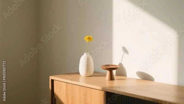Fototapeta A simple interior scene with a white vase, a yellow flower, and a wooden tray placed on a wooden cabinet. The soft light and shadow create a quiet and warm atmosphere.