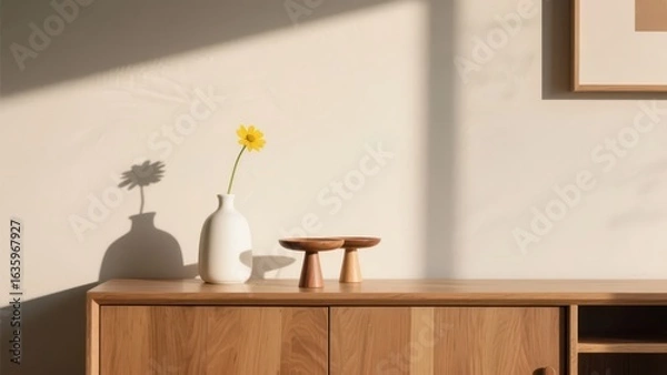 Fototapeta A simple interior scene with a white vase, a yellow flower, and a wooden tray placed on a wooden cabinet. The soft light and shadow create a quiet and warm atmosphere.