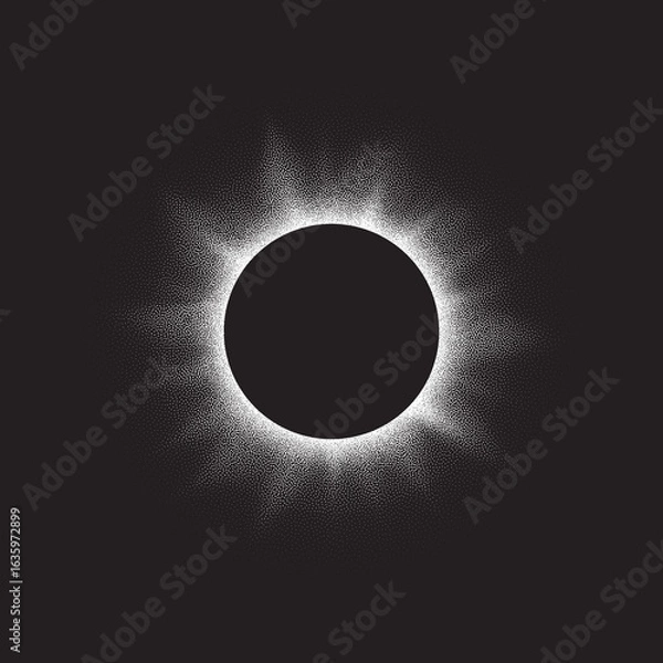 Obraz Vector illustration of a full solar eclipse. The sun is obscured by the moon, creating a glowing ring of light with soft gradients .Cosmic design for science, astronomy.Made by dots