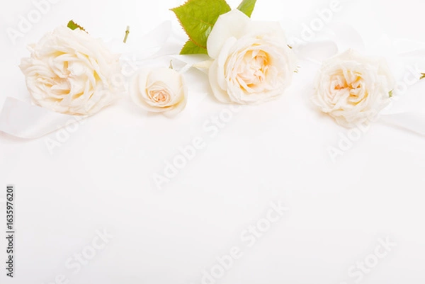 Fototapeta White rose detail on white background, pastel tones, satin ribbon, panoramic layout with wide copy space for branding, packaging mockup, wedding invitation design; rose motif sets gentle wedding mood