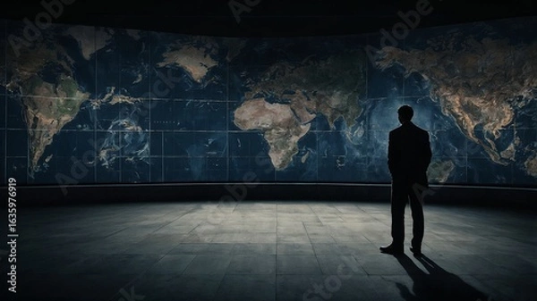 Fototapeta Global Contemplation: A silhouette of a person gazes at the world map projection, highlighting themes of globalization, strategy and vision.