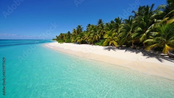 Fototapeta Serene Tropical Beach: Turquoise Water, White Sand, Lush Palm Trees, Sunny Day, Idyllic Island Paradise.
